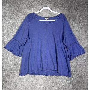 Avenue 3/4 Bell Sleeve Crochet Trim Top Womens Size‎ 18/20 Blue Cotton Pullover